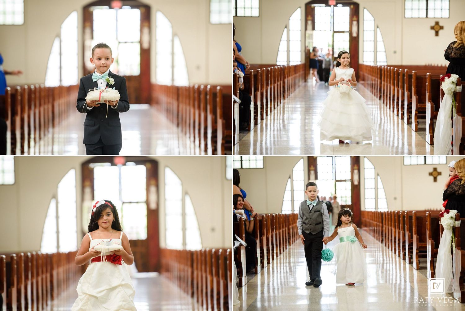 Children in formal wedding attire walk down a church aisle during a wedding ceremony procession.