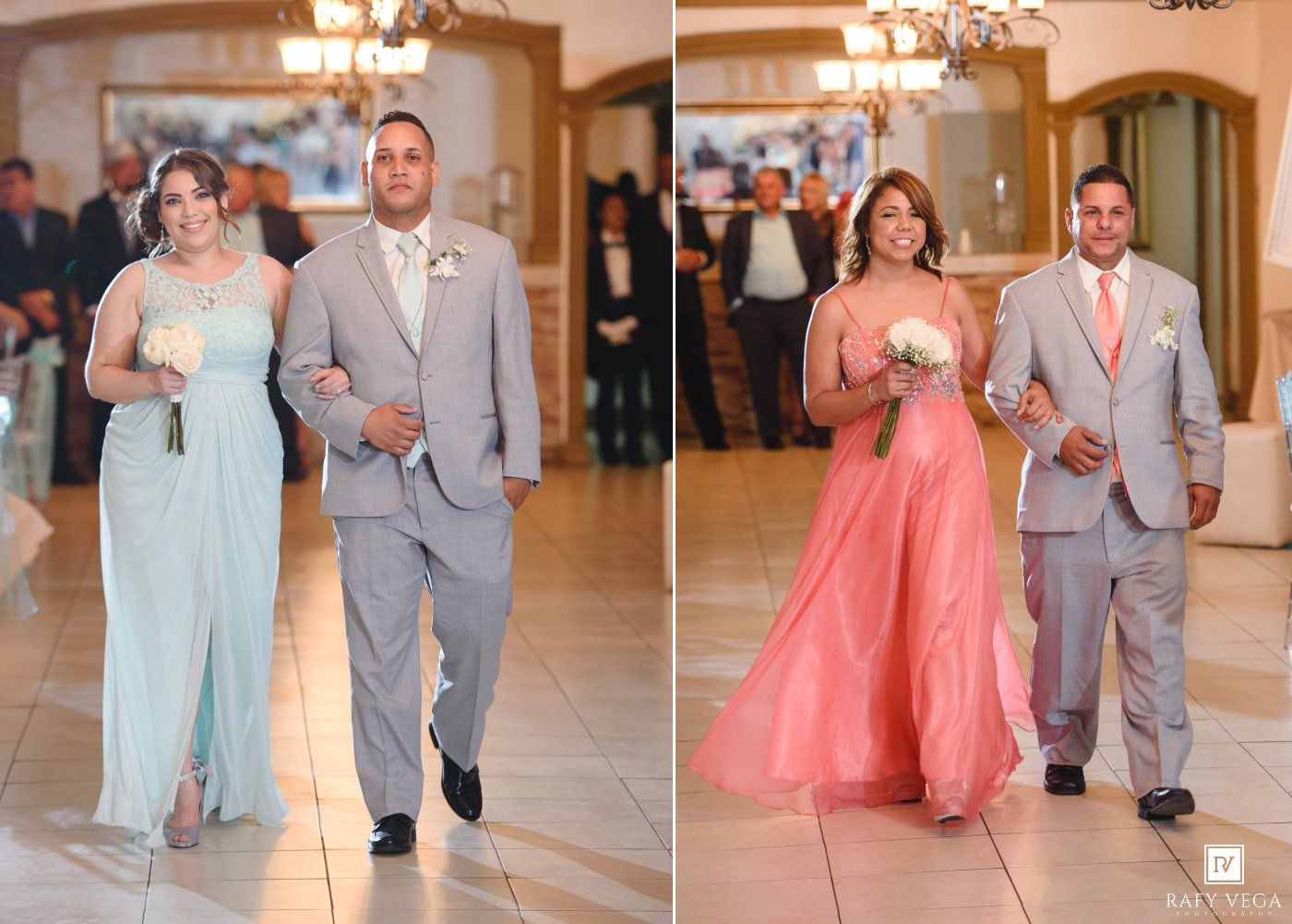 Groomsmen escort bridesmaids in blue and coral gowns during a wedding reception entrance in an elegant ballroom.