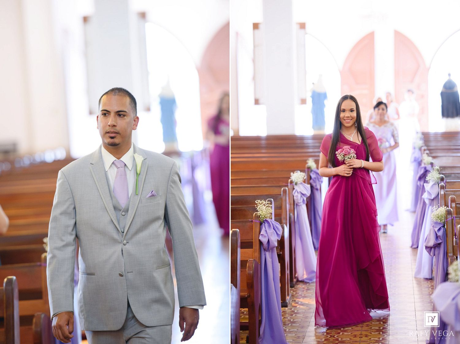 Groom in gray suit walks down church aisle as bridesmaid in magenta gown follows during wedding.
