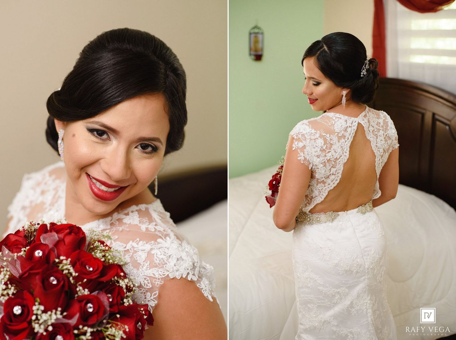 Bride in lace backless wedding gown holding red rose bouquet, showcasing elegant updo hairstyle and bridal makeup.