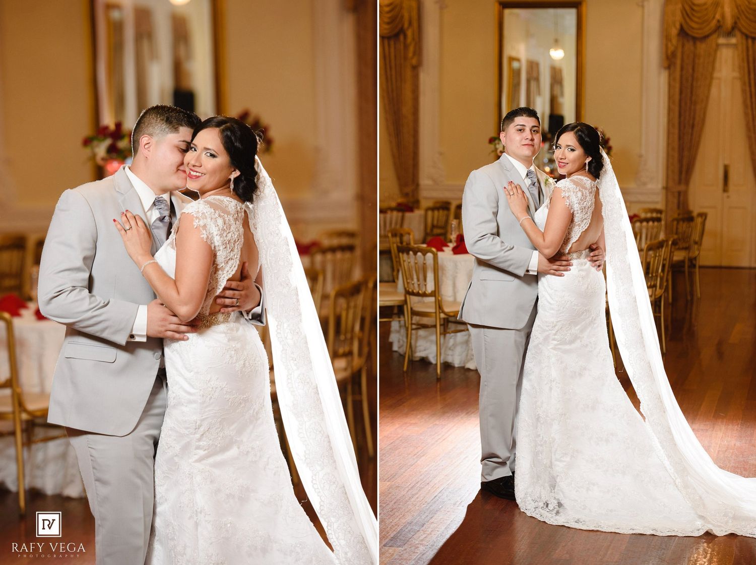 Bride and groom share a romantic embrace in an elegant ballroom, bride wearing a lace mermaid gown with long veil.