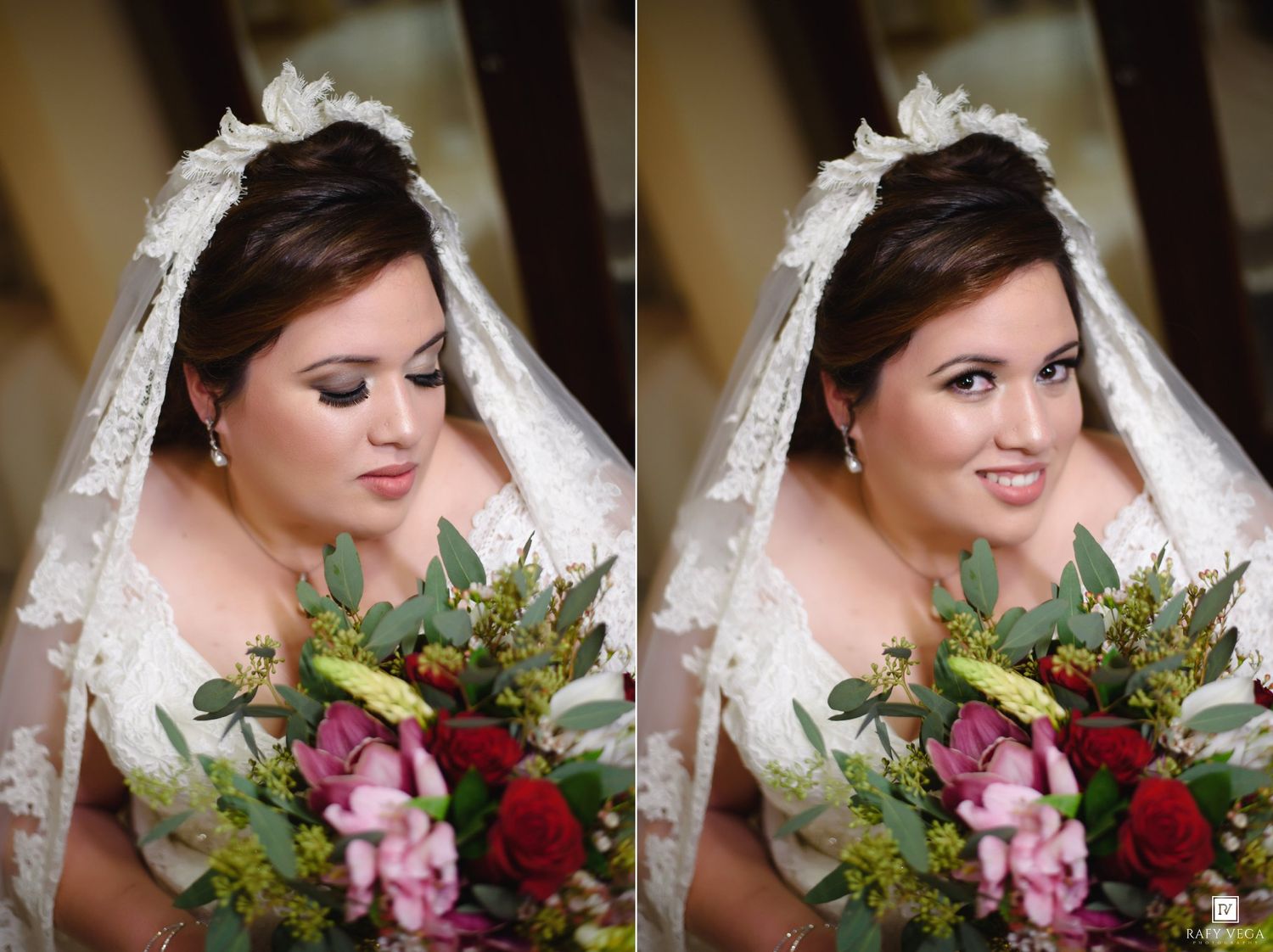 Bride in white lace veil holding colorful bouquet of red and pink flowers, smiling elegantly on her wedding day.