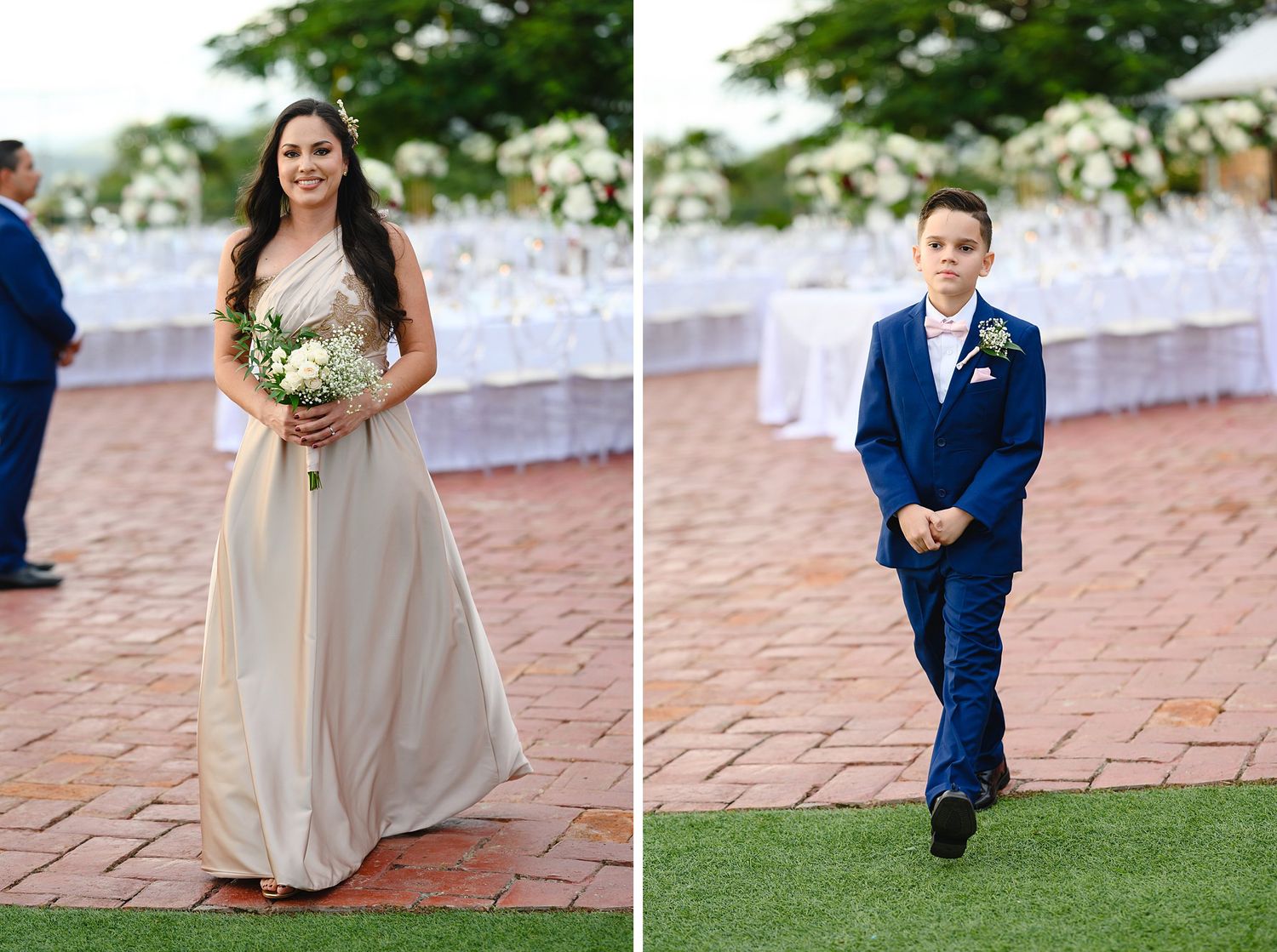 Bridesmaid in champagne gown holding bouquet and ring bearer in navy suit walking at outdoor wedding ceremony.