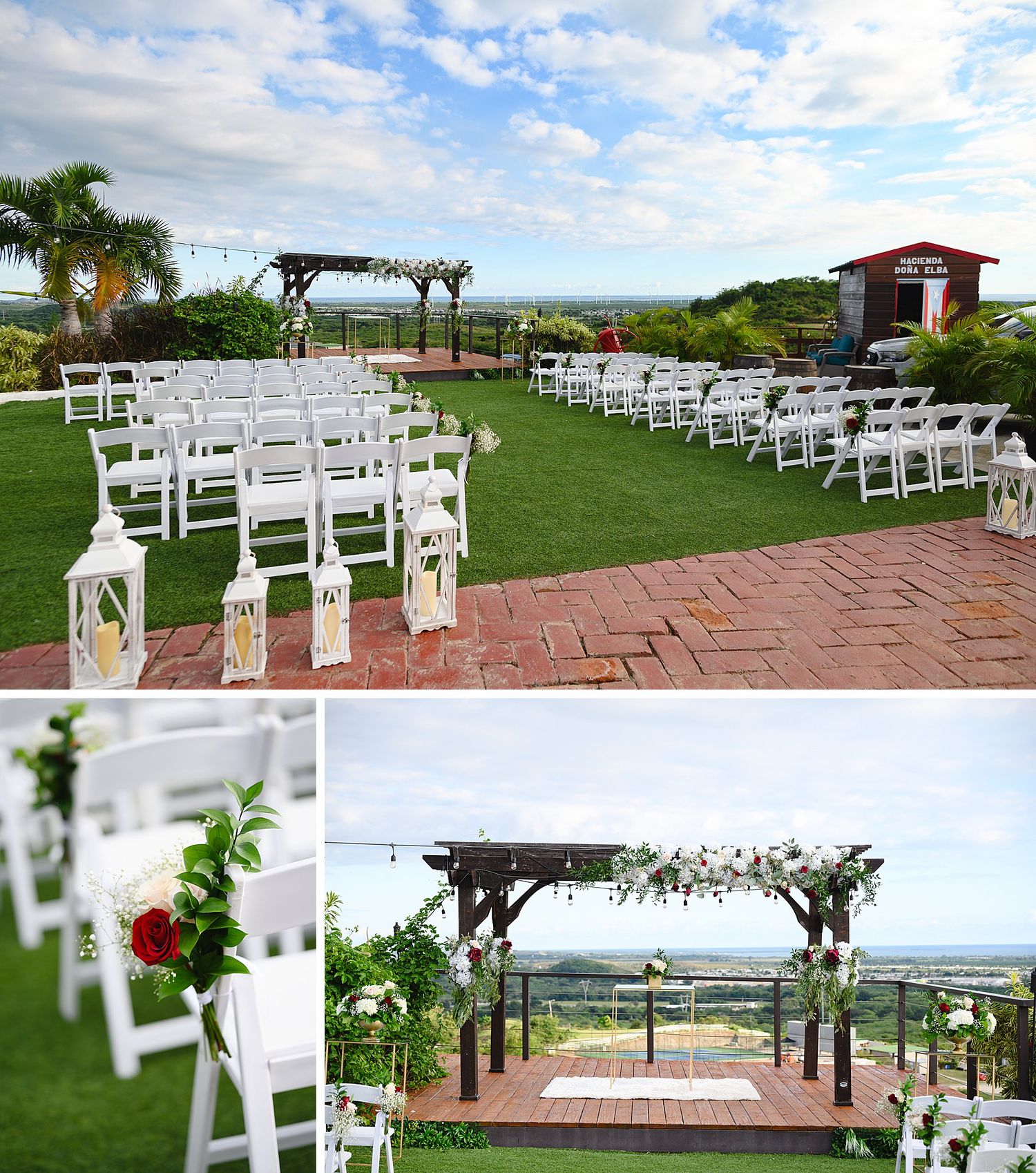 Outdoor wedding ceremony setup with white chairs, lanterns, floral arch, and panoramic views on a lush green lawn.