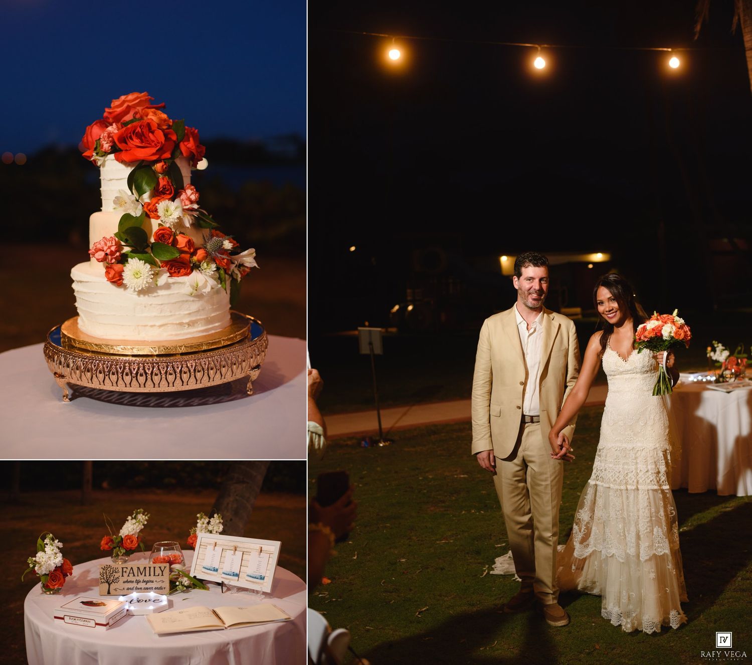 Elegant three-tier wedding cake with red florals beside a smiling couple holding hands at an outdoor evening reception.