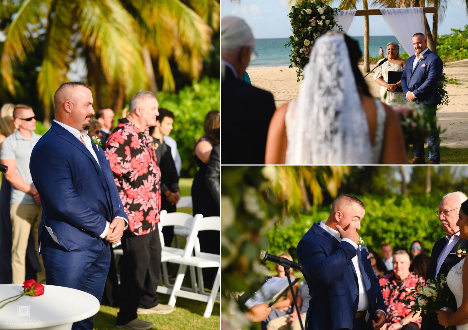 Beach wedding ceremony with groom in navy suit greeting guests near palm trees and ocean backdrop.