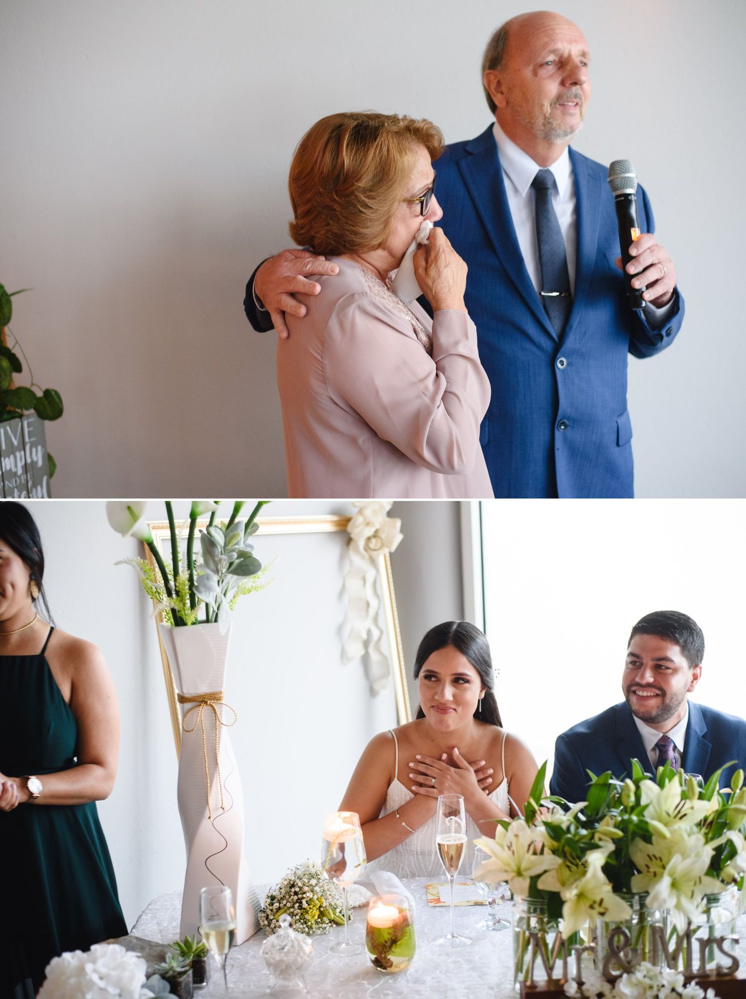 Emotional wedding toast with parents speaking at reception while bride and groom listen joyfully at decorated table.