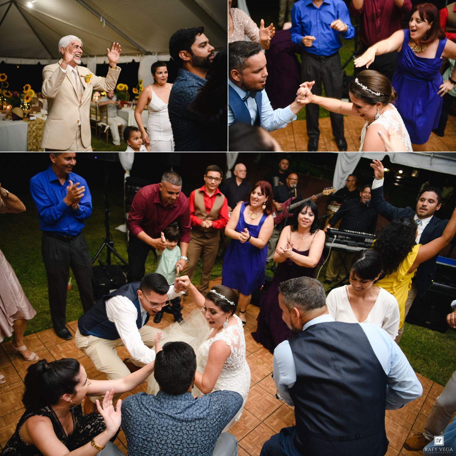 Wedding guests joyfully dancing together at lively outdoor reception celebration under tent.