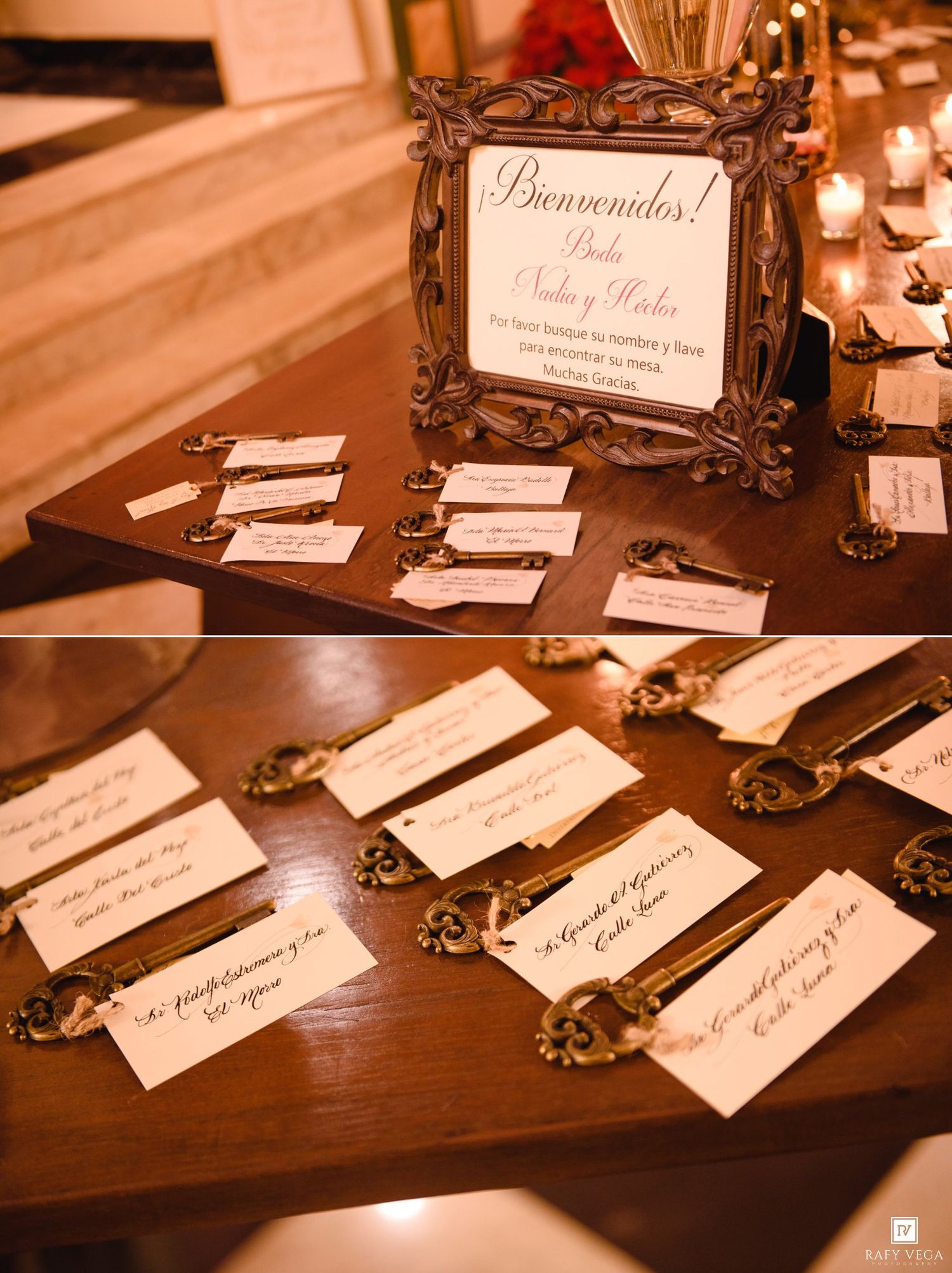 Elegant wedding escort card table with ornate gold handles, handwritten place cards, and a decorative Bienvenidos welcome sign.