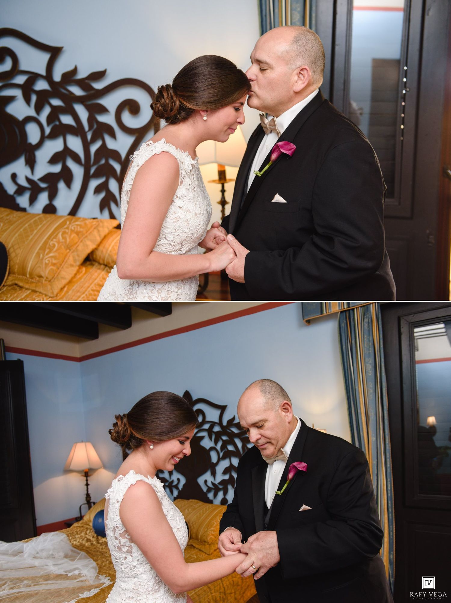 Groom kissing bride on forehead and placing ring on her finger in a romantic hotel room wedding moment.