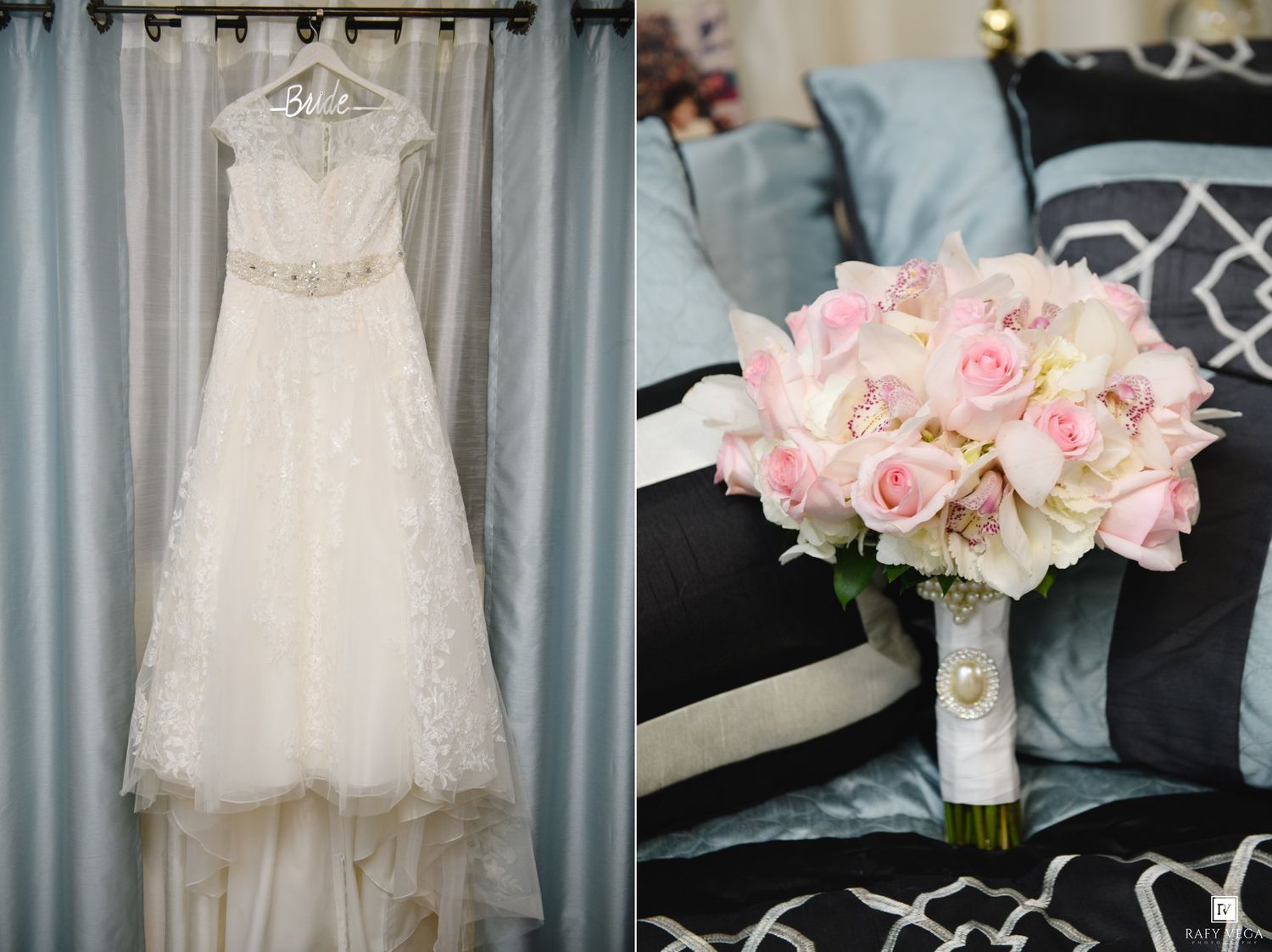 White lace wedding dress hanging on display beside a bridal bouquet of pink roses and white hydrangeas.