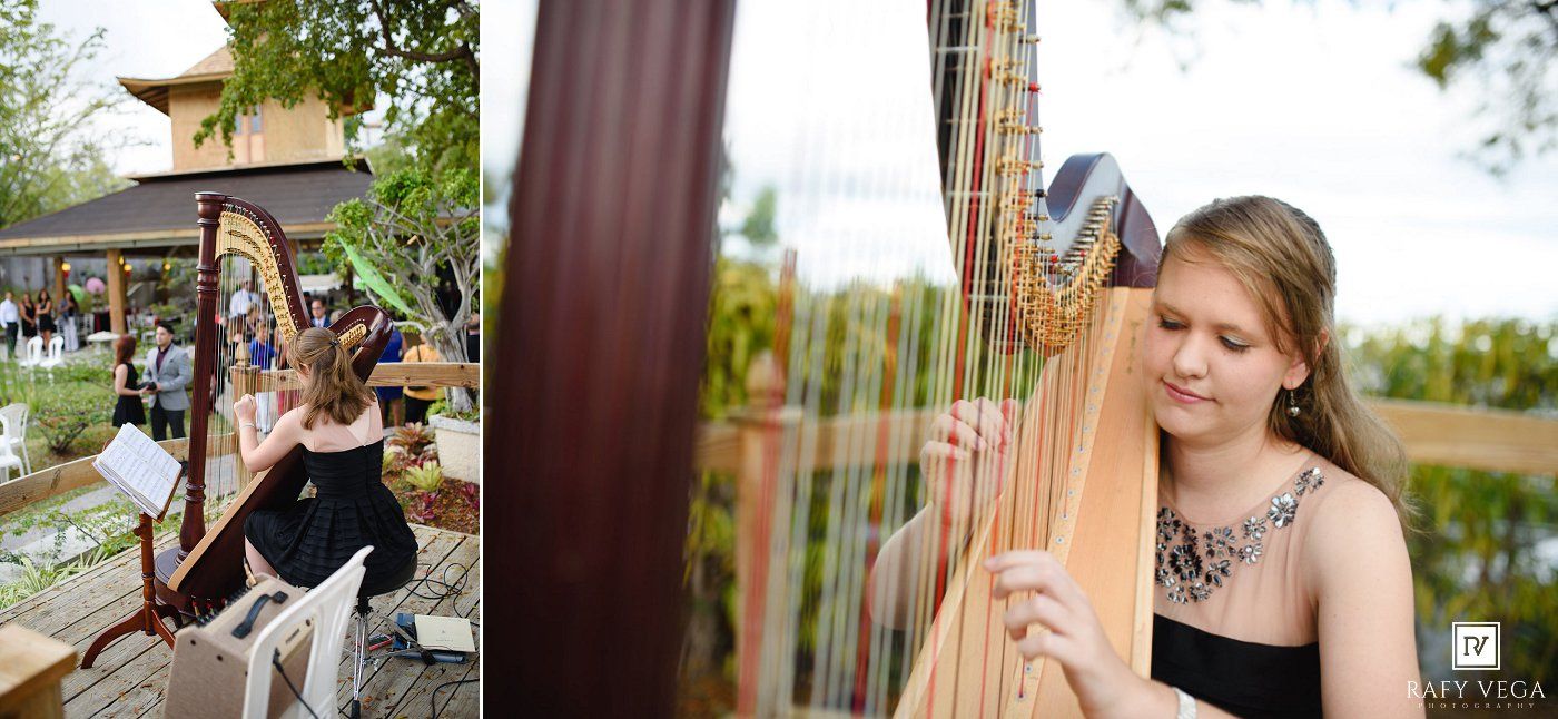 Young blonde woman playing harp at outdoor wedding ceremony near scenic waterway.
