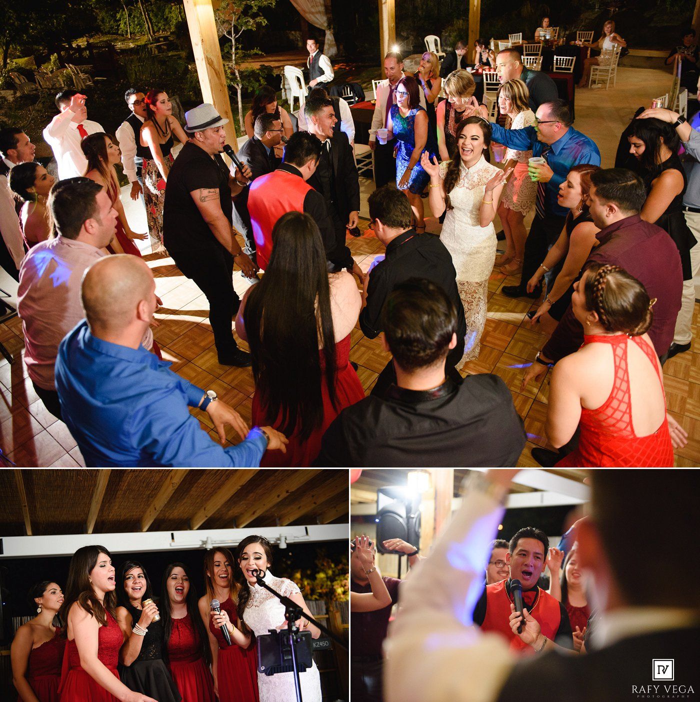 Wedding guests and bridal party dancing and celebrating at an outdoor evening wedding reception.