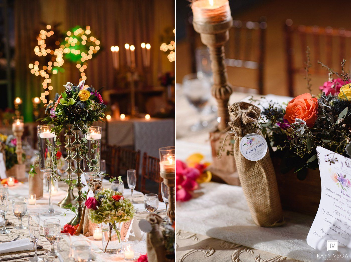 Elegant wedding reception table with floral centerpieces, candles, and burlap-wrapped vases filled with colorful blooms.