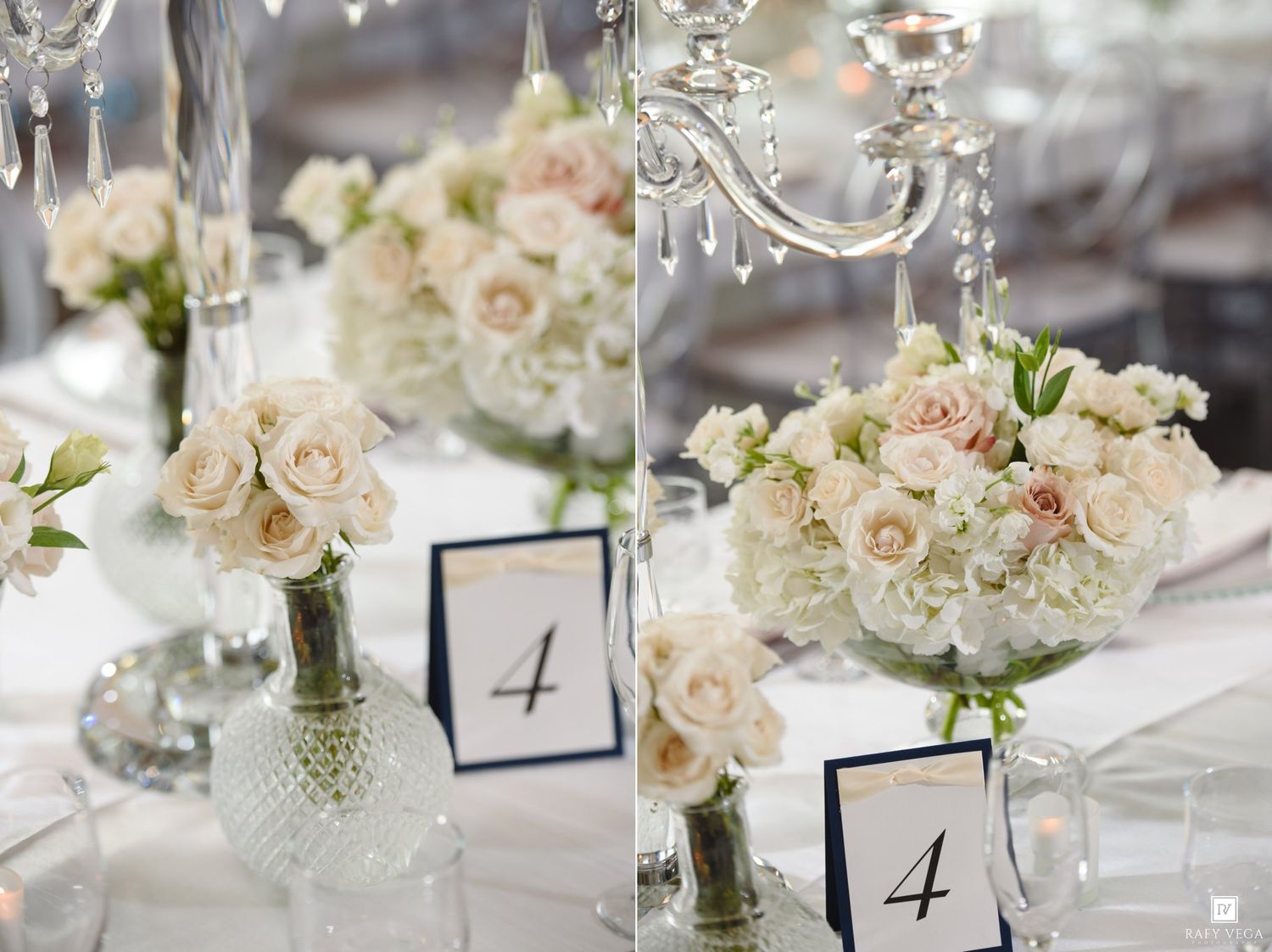 Elegant wedding table centerpieces with blush pink roses, white hydrangeas, crystal candelabras, and navy table number cards.