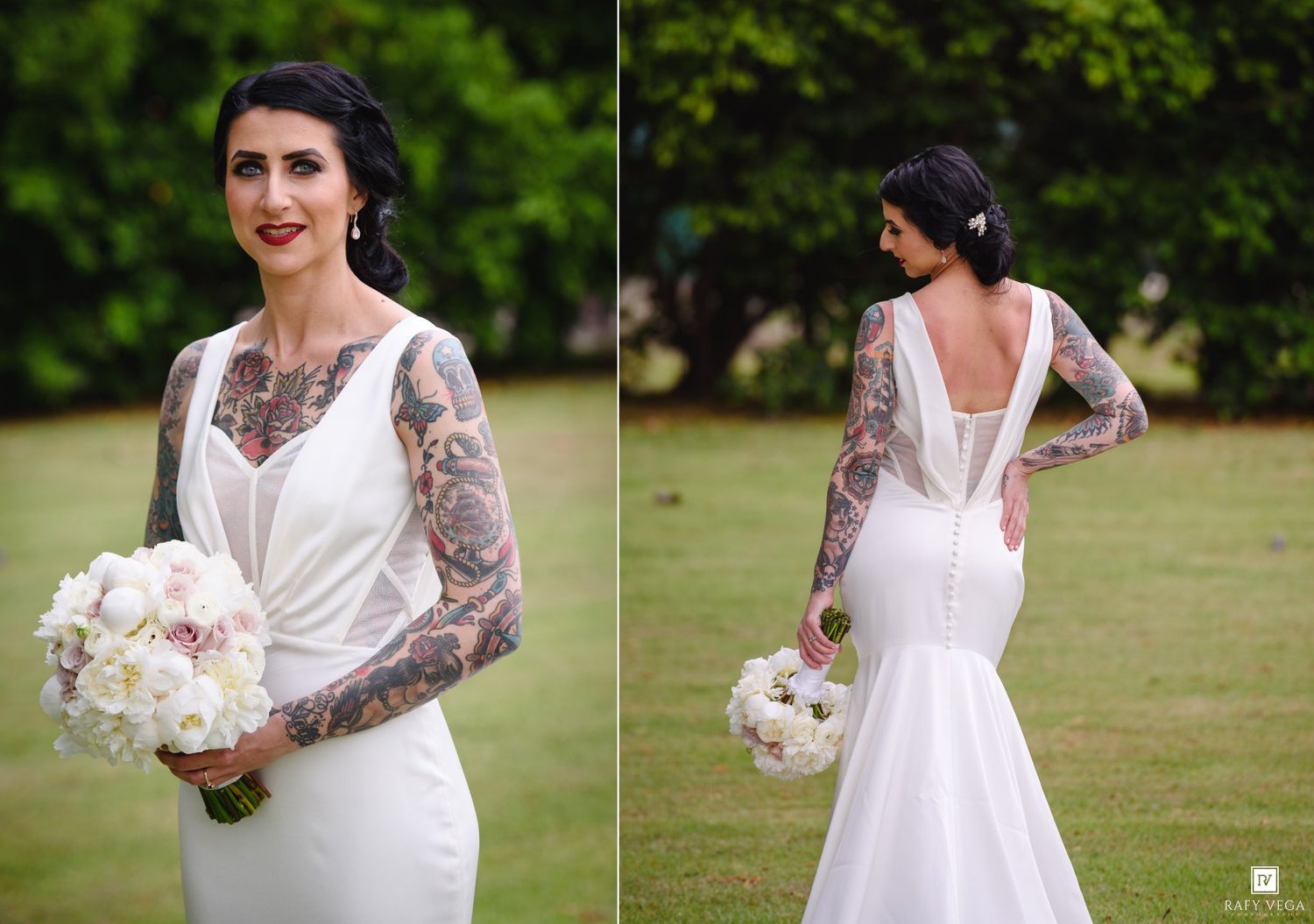 Tattooed bride in low-back white wedding dress with sleeve tattoos holding white bouquet outdoors.