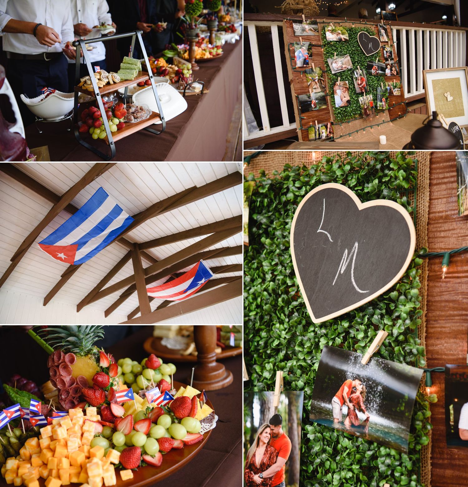 Colorful Cuban-themed party with fruit displays, flags, chalkboard heart decor, and lush greenery wall backdrop.
