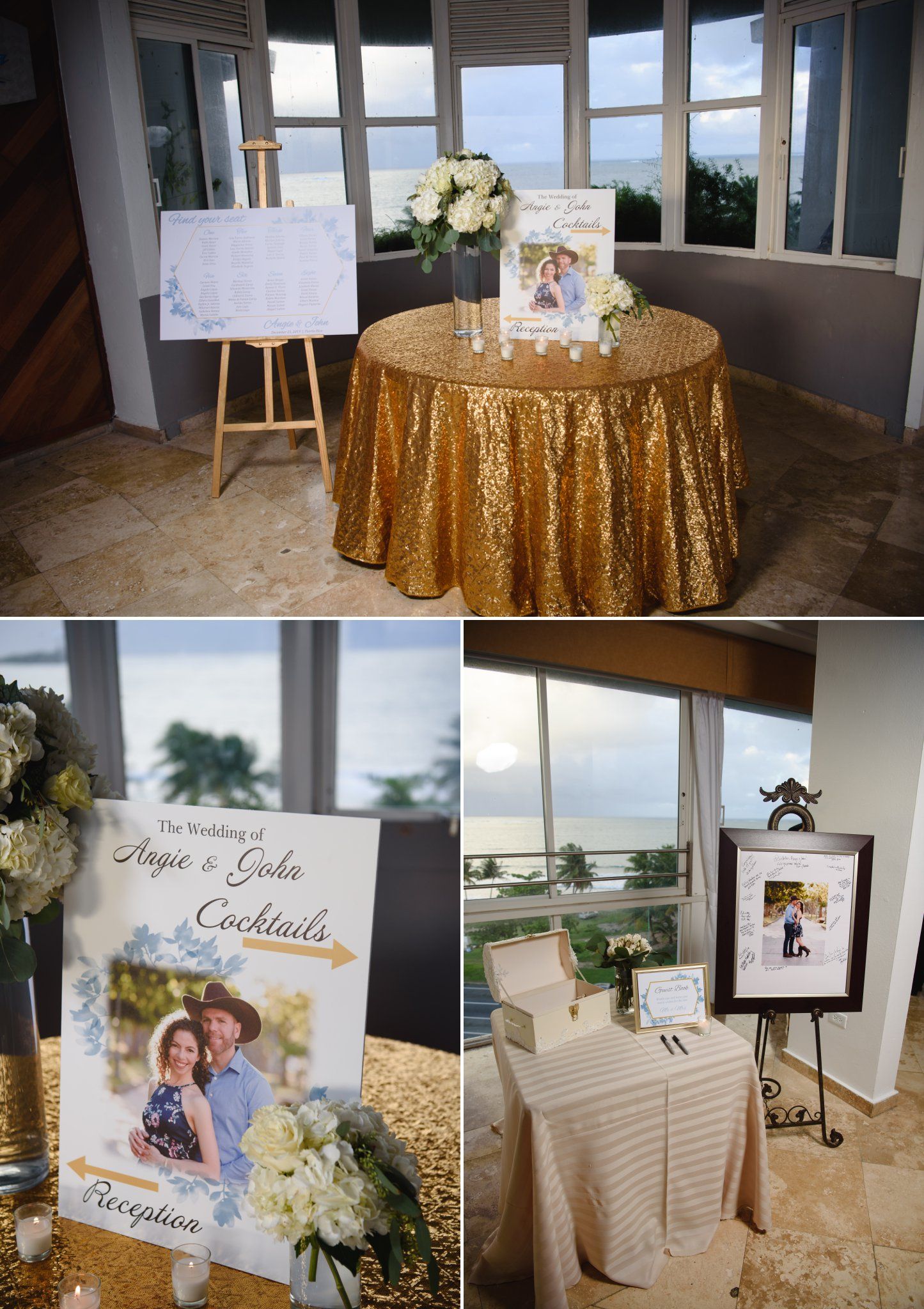 Wedding reception decor featuring gold sequin tablecloth, seating chart, cocktail sign, and photo displays.