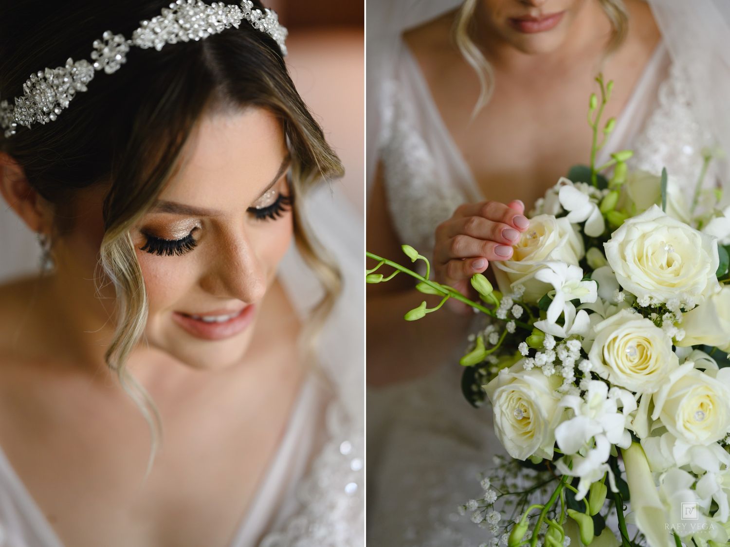 Bride with elegant updo, crystal tiara, and dramatic lashes holds white rose bouquet with greenery on her wedding day.