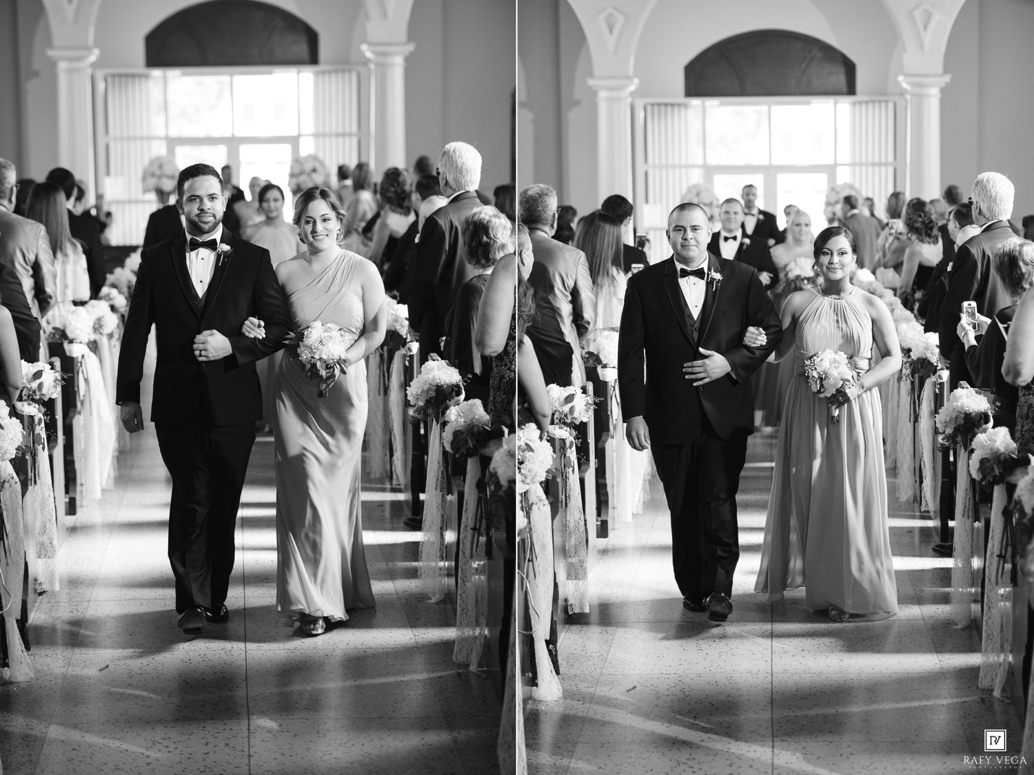Black and white wedding processional photo showing bridal party walking down church aisle in elegant formal attire.