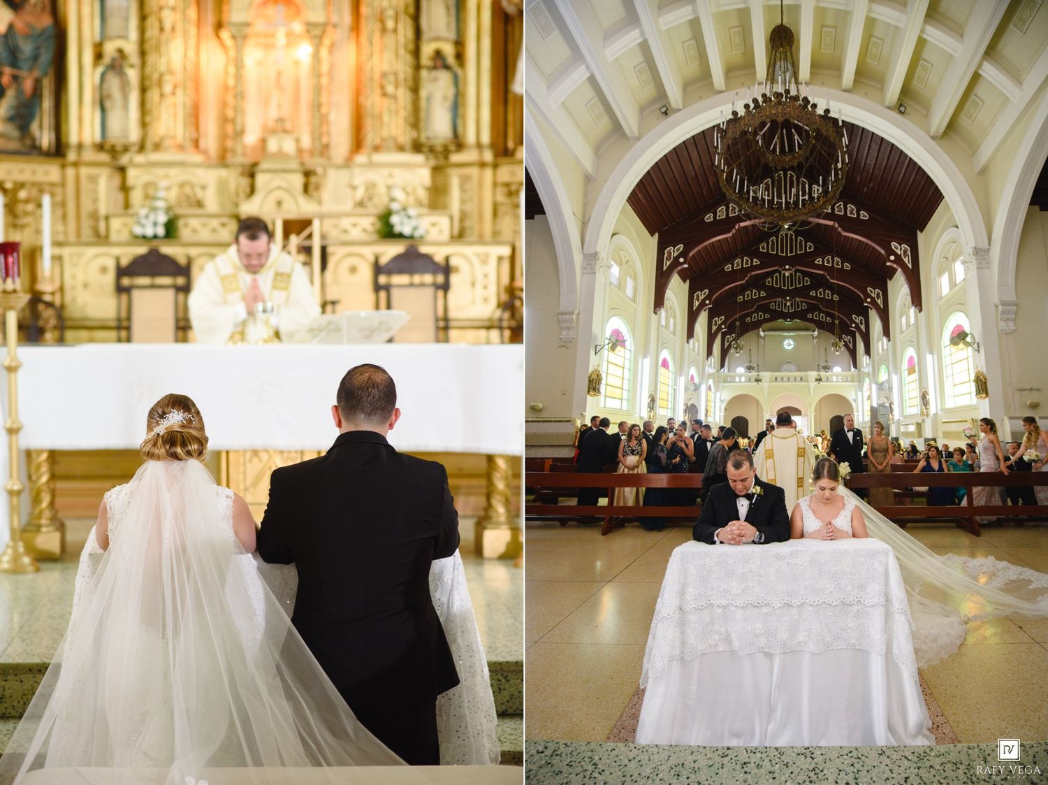 Bride and groom kneeling at altar during Catholic church wedding ceremony with priest officiating.