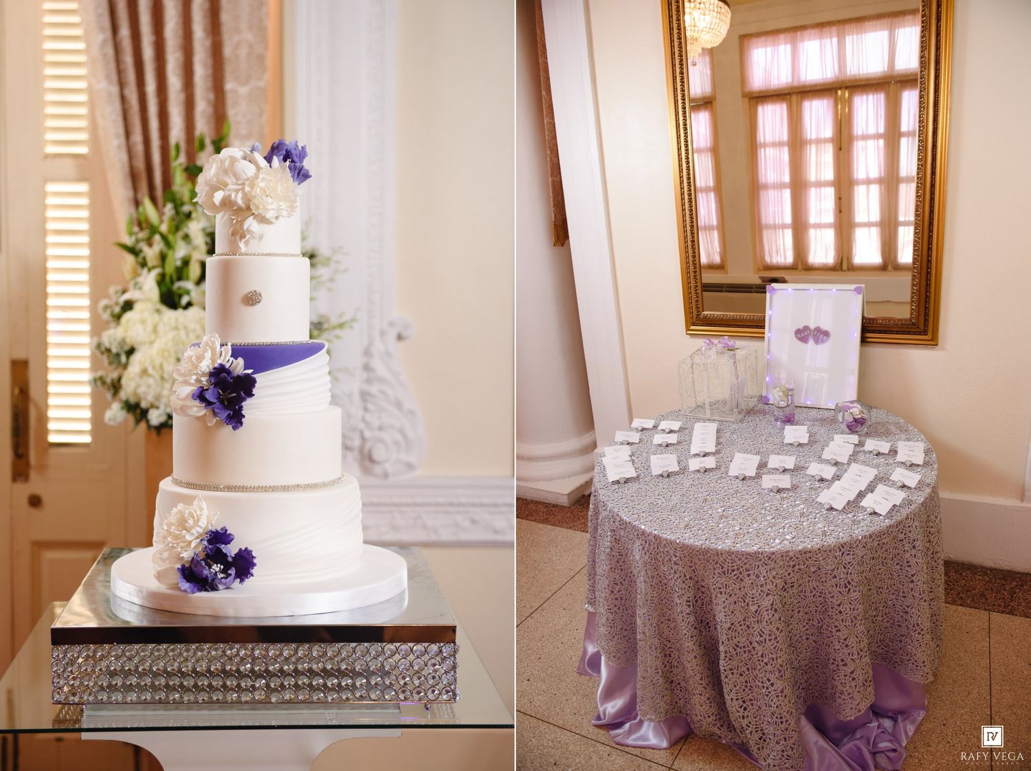 Elegant white wedding cake with purple flowers beside a silver sequin tablecloth escort card table in a decorated reception venue.