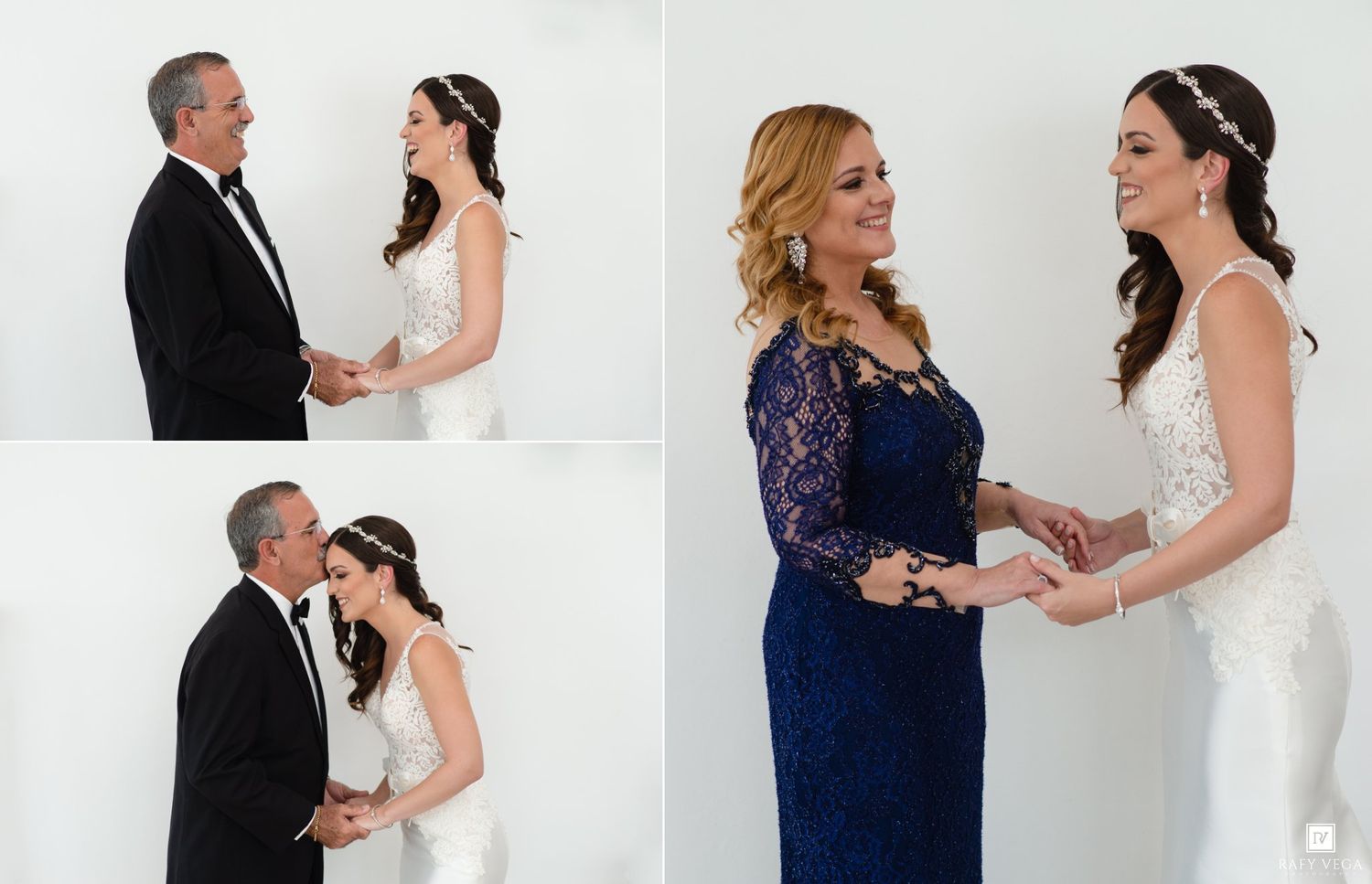 Bride shares tender moments with father and mother before wedding ceremony, exchanging heartfelt embraces in elegant attire.