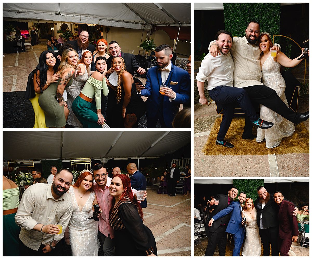 Wedding guests celebrate with the bride and groom in fun posed photos at a tented outdoor reception venue.