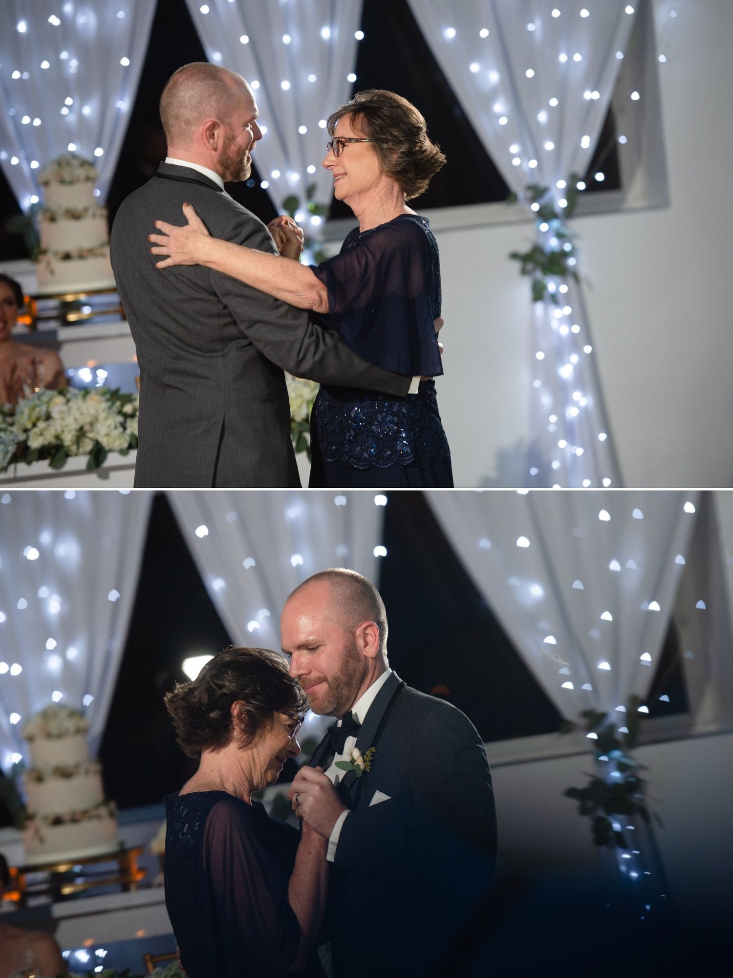 A groom shares an emotional mother-son dance at a wedding reception with fairy lights backdrop.