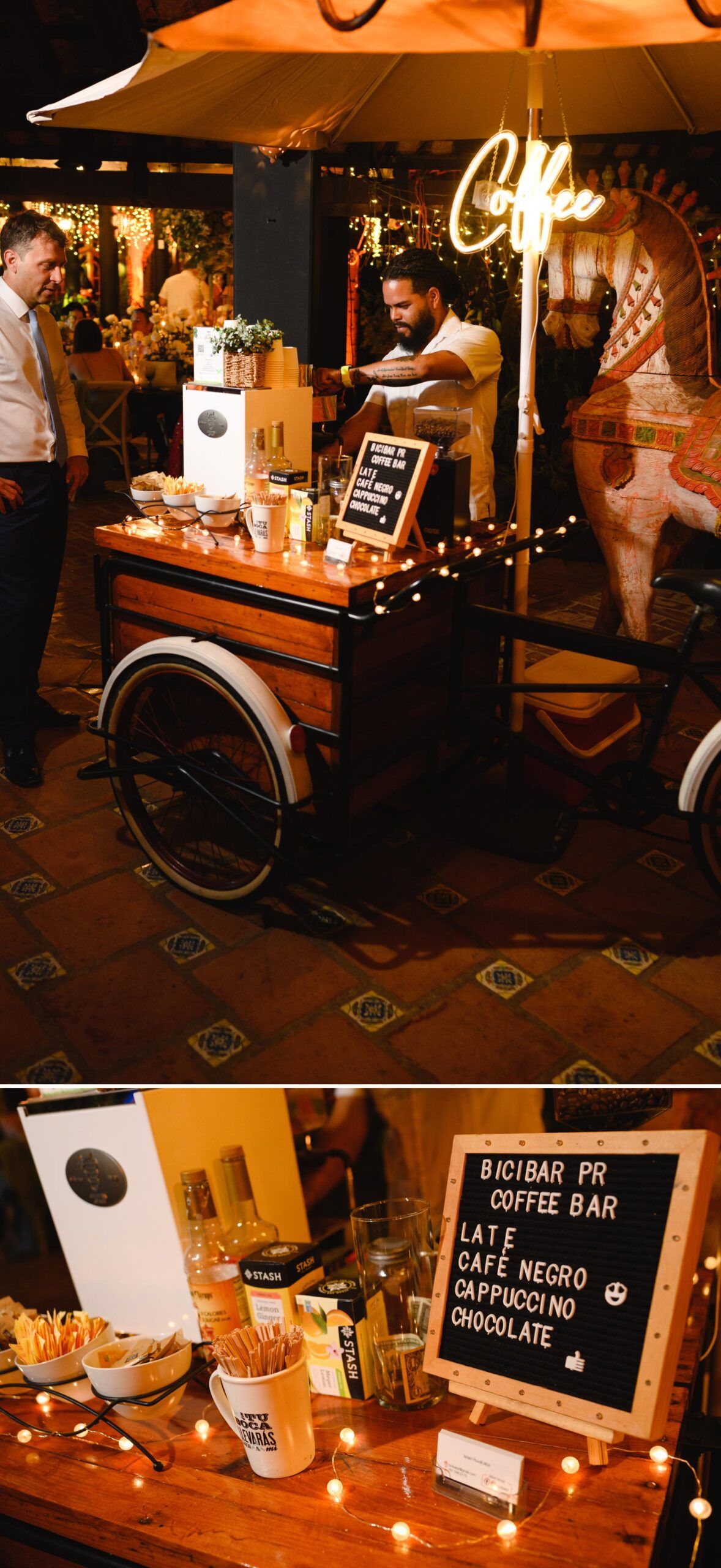A mobile coffee cart with neon sign and bicycle wheels serves espresso drinks at an outdoor evening event with warm string lights.