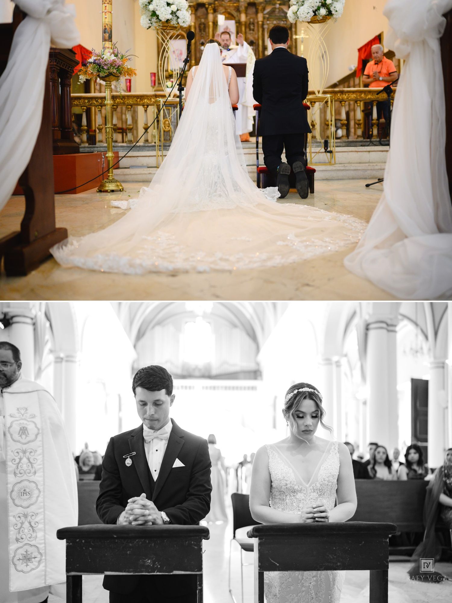 Bride and groom kneeling at altar during Catholic church wedding ceremony, bride wearing lace cathedral veil.