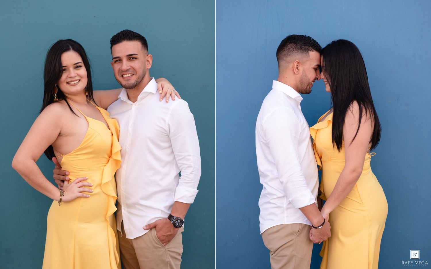 Couple in matching yellow dress and white shirt posing against a blue wall, smiling and facing away romantically.