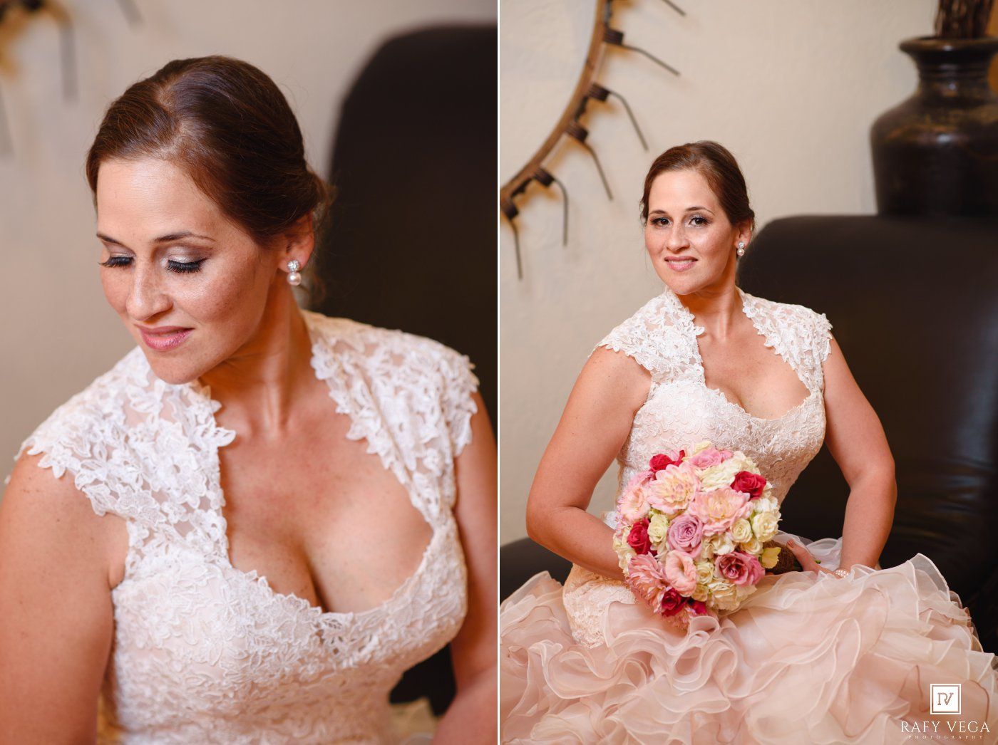 Bride in lace wedding dress holding pink bouquet, bridal portrait photography.