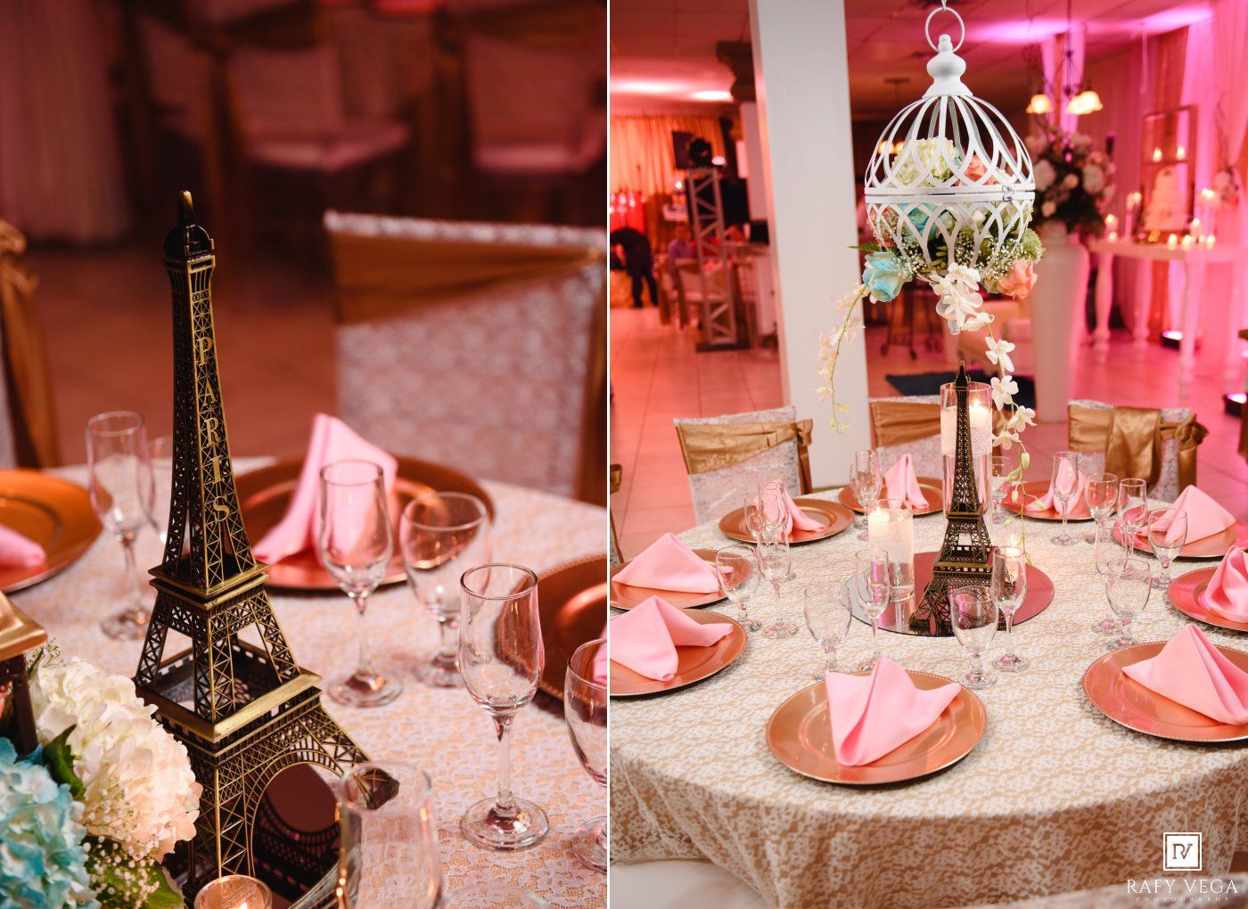 Elegant Paris-themed quinceañera table settings with Eiffel Tower centerpieces, pink napkins, and gold accents.