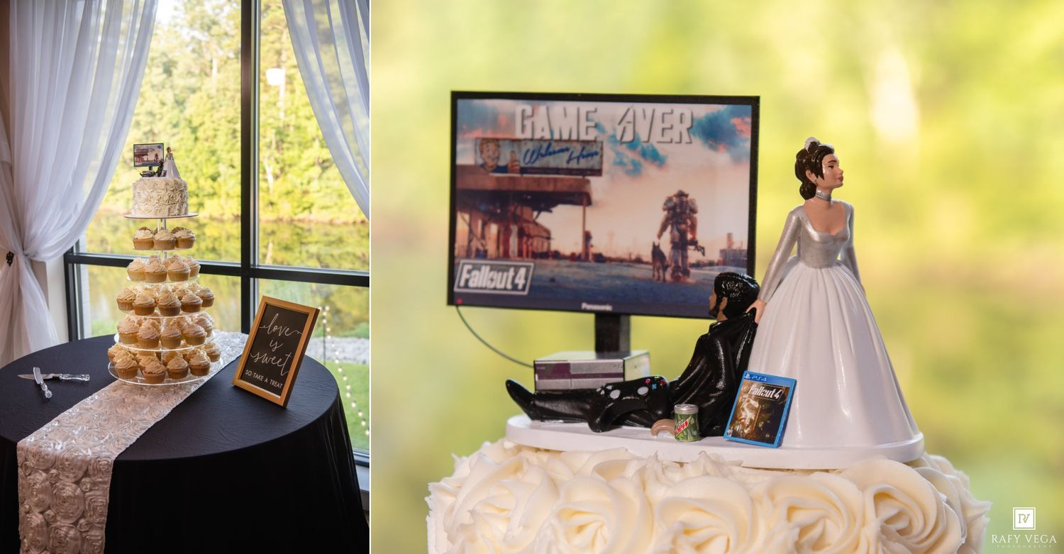 Fallout 4 themed wedding cake topper with groom gaming and bride in gown, beside a cupcake tower and Game 4ver sign.