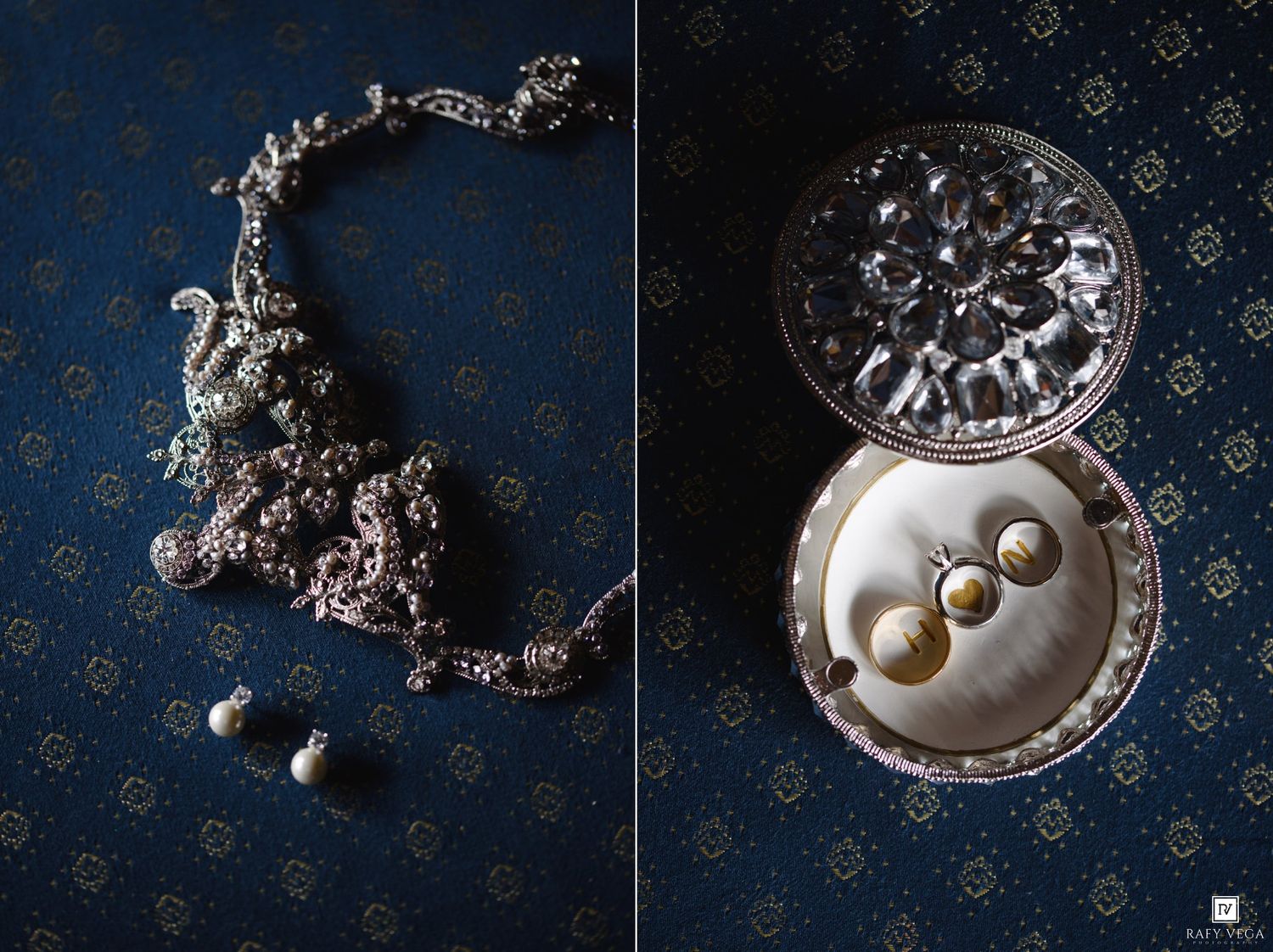 Ornate silver bridal jewelry set featuring an intricate necklace, earrings, and gold stud earrings displayed in a decorative silver box.