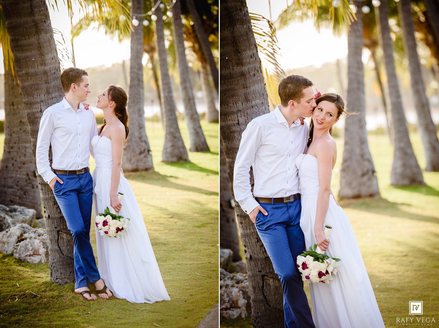 Bride and groom share a romantic moment among tropical palm trees in a lush garden setting.