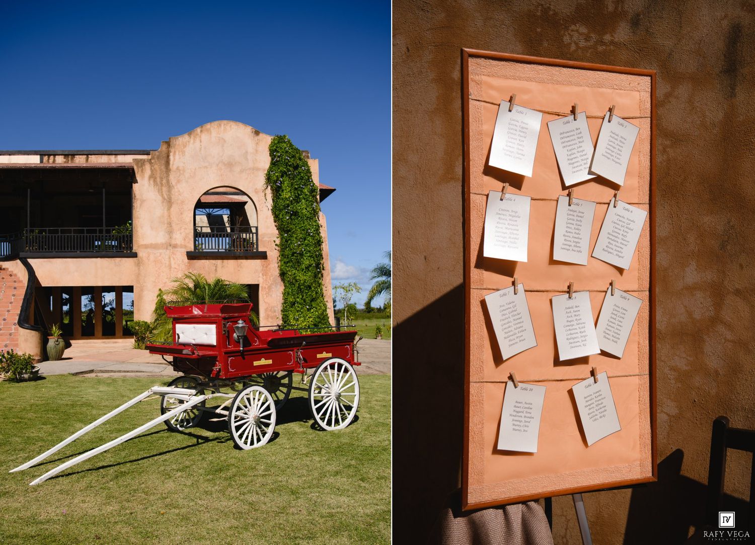 Red vintage wagon on green lawn beside rustic building, next to a wooden board displaying wedding seating chart cards.