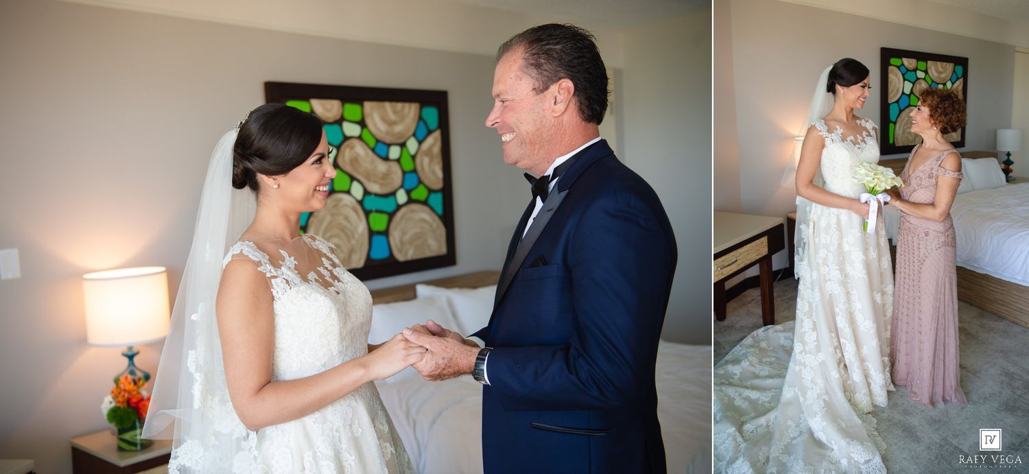 Bride sharing an emotional first look moment with her father and bridesmaid in a elegant white lace wedding gown.