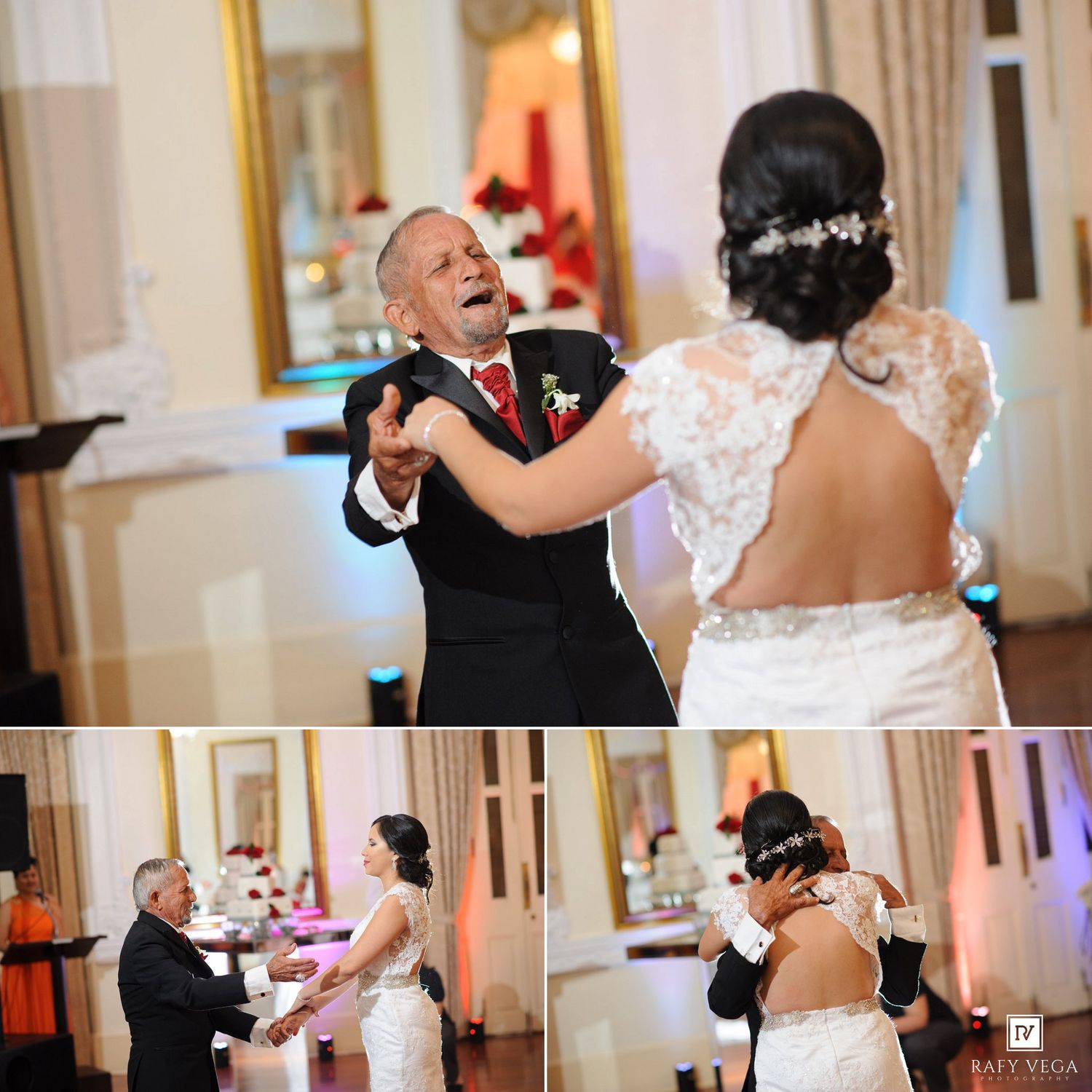 Bride shares emotional father-daughter dance at wedding reception in elegant ballroom venue.