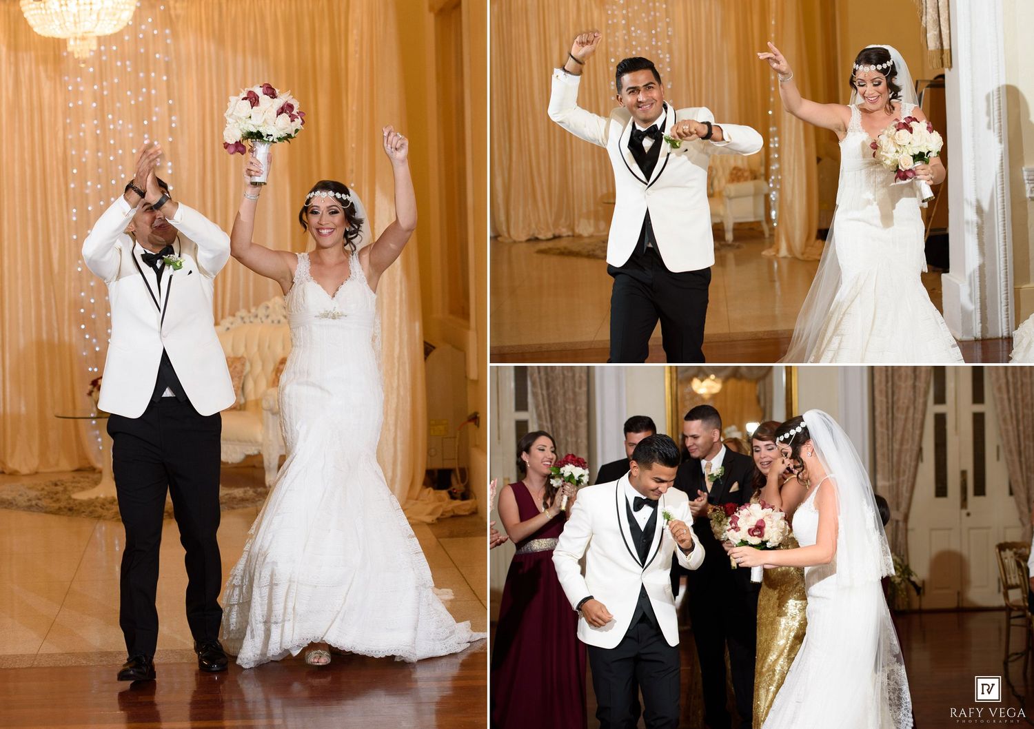 Bride and groom celebrate joyfully at their wedding reception, with the bride in a mermaid gown and groom in a white tuxedo.