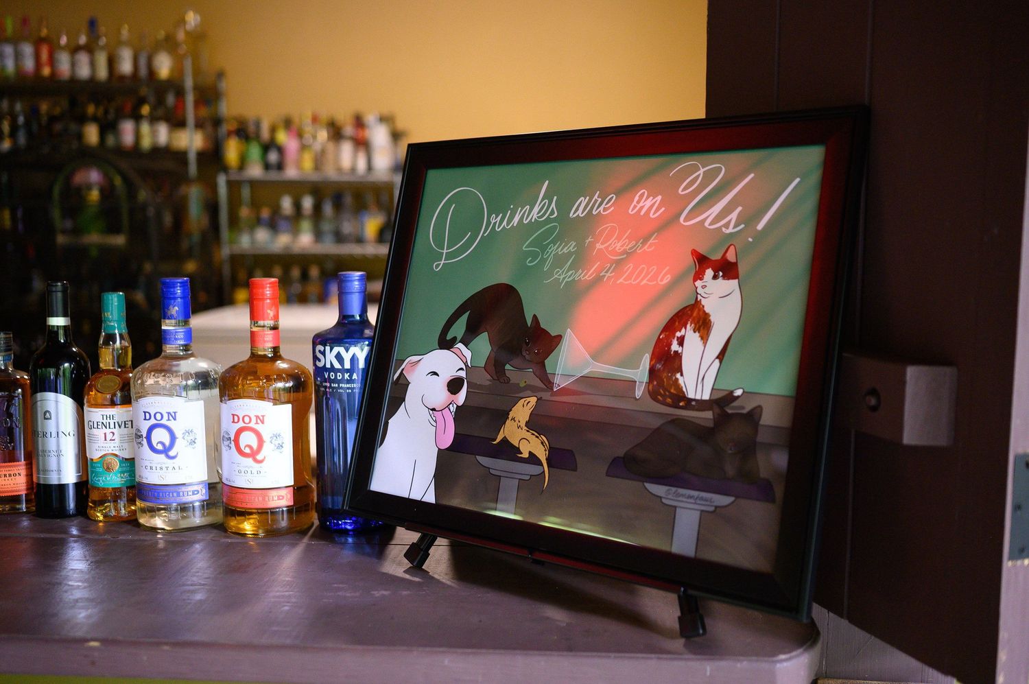 Framed cartoon dog and cat bar art with 