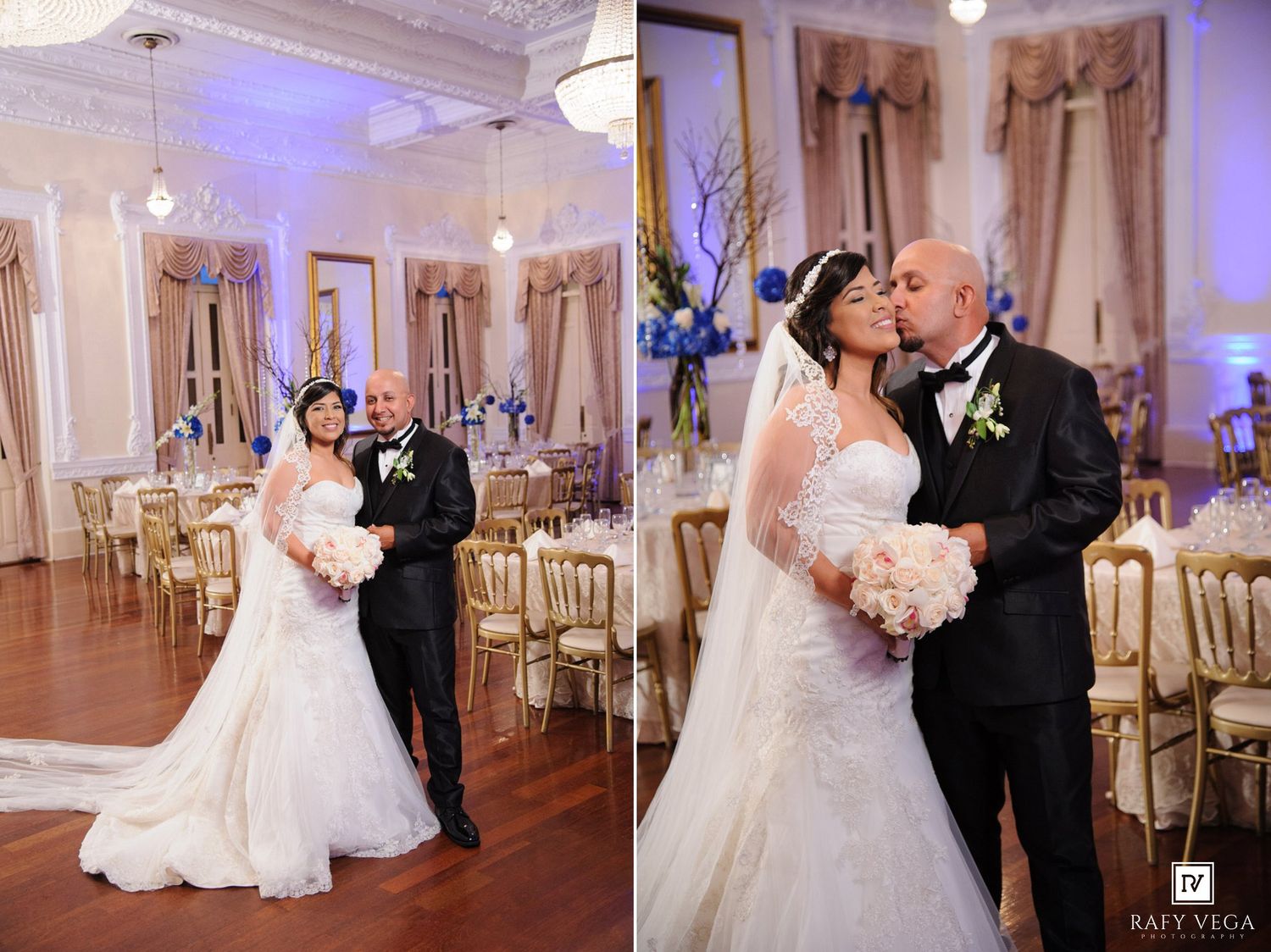 Bride and groom share a romantic kiss in an elegant white ballroom decorated for their wedding reception.