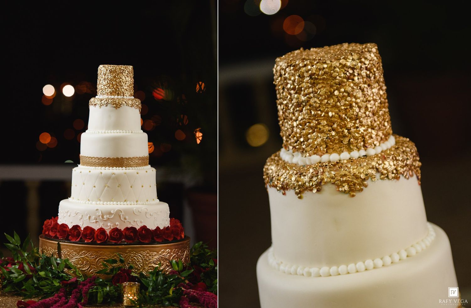 Elegant four-tier white wedding cake with gold sequin embellishments and pearl details on display.