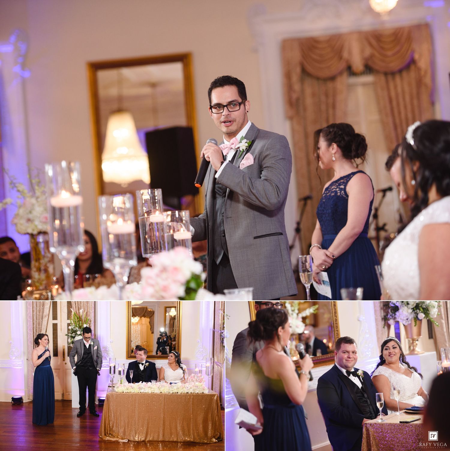 Best man delivers heartfelt speech at elegant wedding reception while bride and groom listen at sweetheart table.