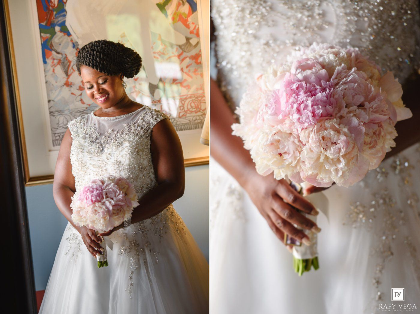 Bride in beaded white gown holds pink peony bouquet, with close-up detail of flowers and dress on wedding day.