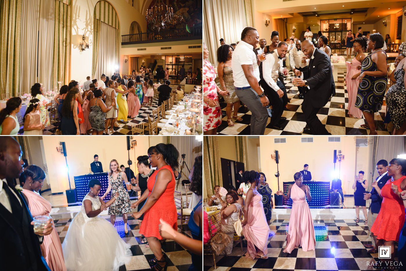 Guests dancing and celebrating at an elegant wedding reception on a black and white checkered dance floor.