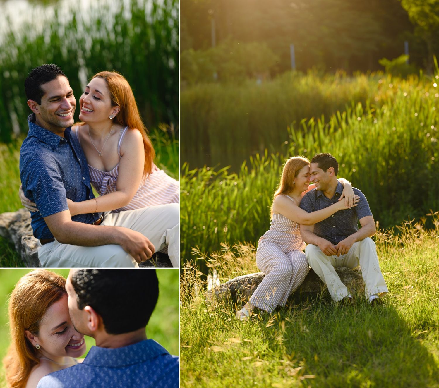 Couple sitting together on grass by a pond, smiling and embracing in warm golden sunlight during an outdoor engagement session.