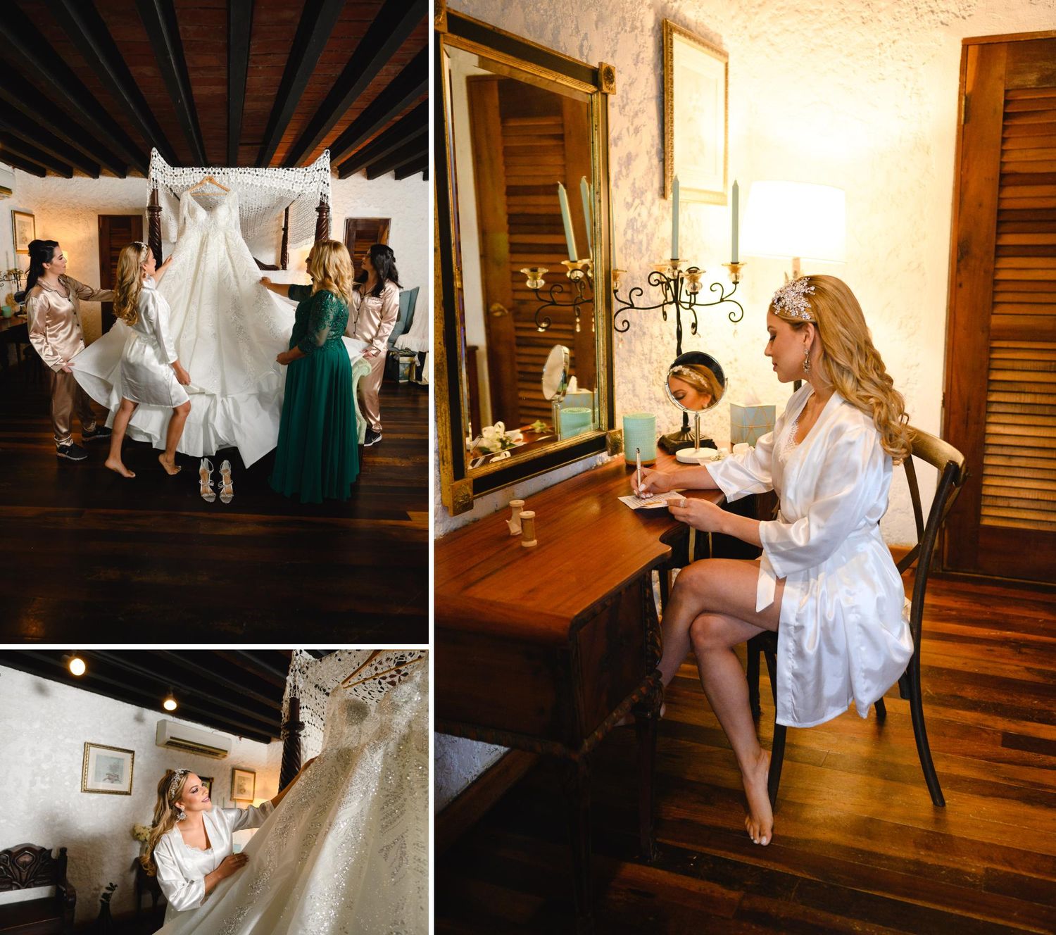 Bride and bridesmaids in white robes prepare for wedding day, with bride sitting at vanity getting ready.
