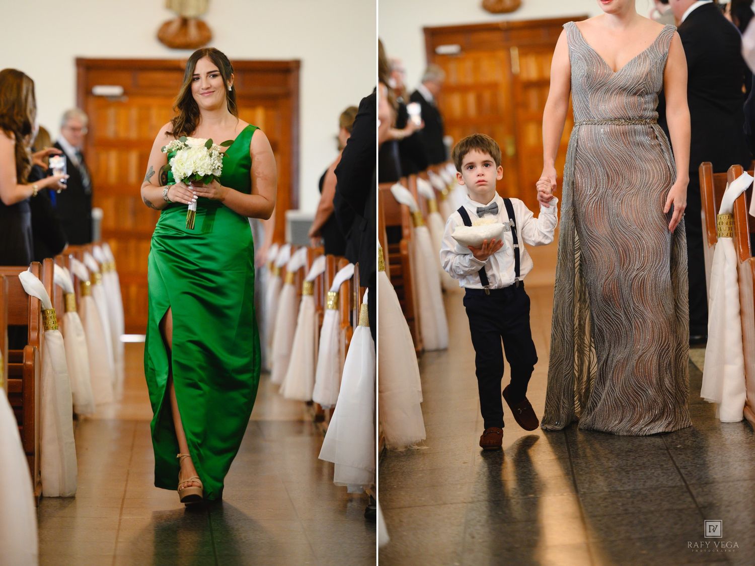 Bridesmaid in green gown and boy in suspenders walk down wedding aisle during ceremony procession.